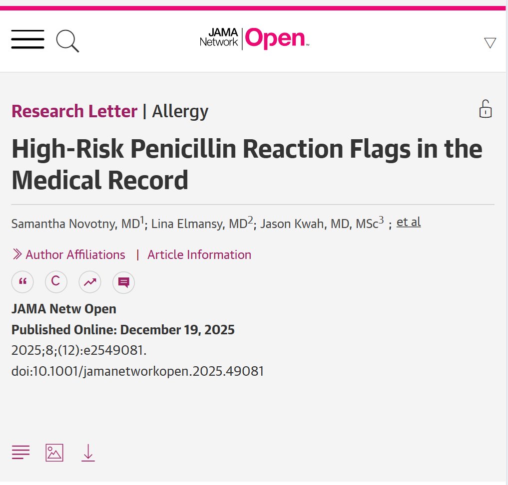 JAMANetworkOpen's tweet photo. Documentation of high-risk penicillin allergy in electronic health records is only modestly consistent with allergist assessments, and high-risk penicillin allergy flags rarely align with specialist-determined risk or testing results. https://t.co/Hr13vd0qCd https://t.co/Aa2R8Cd294