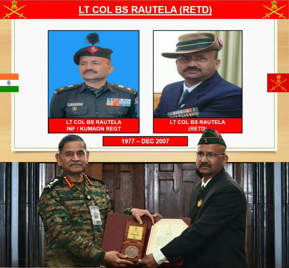 adgpi's tweet photo. Veteran Achievers Award: Recognising Contributions, Rewarding Excellence

#GeneralUpendraDwivedi, #COAS, felicitated four distinguished veterans with the Veteran Achievers Award for their exceptional post-retirement contributions to nation-building, social welfare and youth empowerment during the Retiring Officers Seminar at New Delhi.

Lieutenant Colonel B S Rautela (Retd) has rendered exemplary service towards the welfare of veterans, Veer Naris and Next of Kin, including active assistance in resolving legal cases and facilitating the timely grant of emoluments and entitlements.

Lieutenant Colonel Iqbal Singh (Retd) played a pivotal role in upskilling veterans across diverse domains and has been instrumental in enabling their smooth transition from military service to meaningful second careers in the corporate sector.

Havildar Congress Pradhan (Retd) has made significant contributions towards the upliftment and welfare of veterans and their families in his hometown of Kabisuryanagar, Odisha, through sustained community engagement and support initiatives.

Signalman Anil Kumar Jakhar (Retd) has dedicated himself to motivating and training youth in sports and guiding aspirants towards a career in the Armed Forces, thereby contributing to nation-building through youth empowerment.

‘Service is a Lifelong Journey; Building a Stronger, United #India.’ 

#RespectAndRecognition
#Veterans
#IndianArmy 
@HQ_IDS_India
@DIAV20