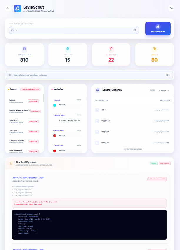 If you’re into vibe coding, #VibeScout is your new bf:
Detect duplicates in CSS/SCSS/LESS
Remove unused classes &amp; IDs
Find redundant JS/Python/TS/Go functions
Spot logic clones before they bloat your project

Keep your code tidy while AI goes wild. #VibeScout #DevTools #CleanCode