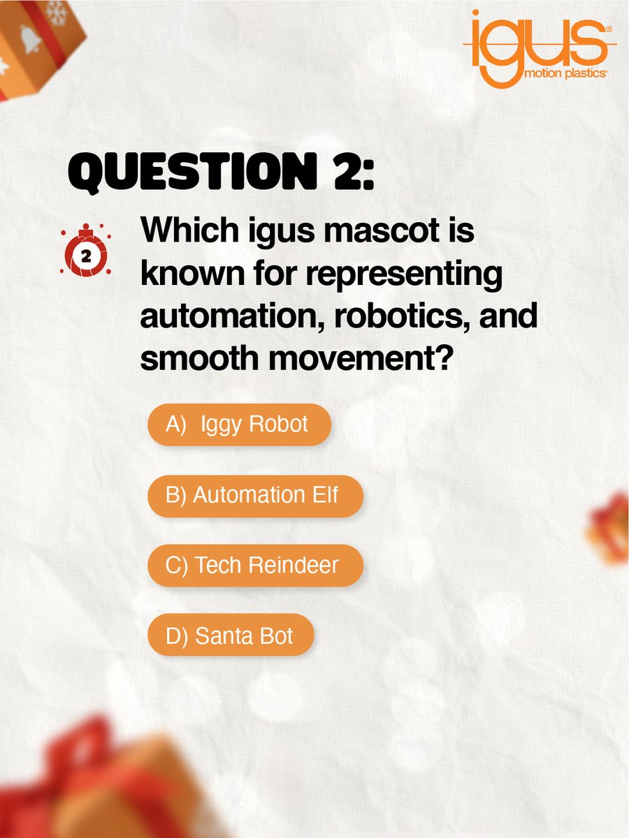 It’s time for Question 2!
Another chance to prove your igus expertise and stay in the race.

Submit your answer, stay consistent, and keep playing — the best is yet to come!

#igusChristmasChallenge #QuizTime #FestiveChallenge #EngineeringKnowledge #igusIndia #PlayAndWin