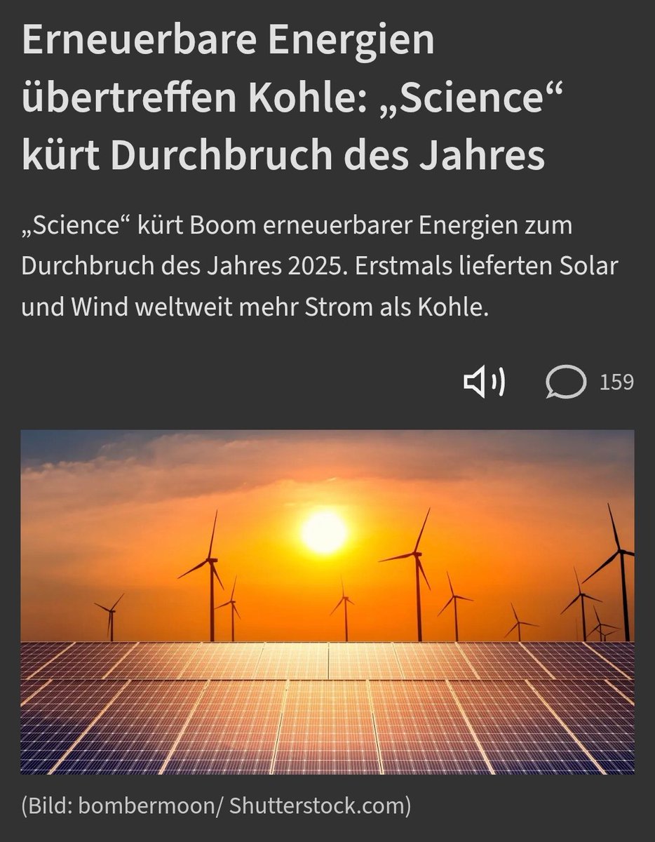 Renommiertes Wissenschaftsmagazin SCIENCE vergibt den "Durchbruch des Jahres 2025" an die erneuerbaren Energien. Weltweit überholten sie die Stromerzeugung durch Kohle.