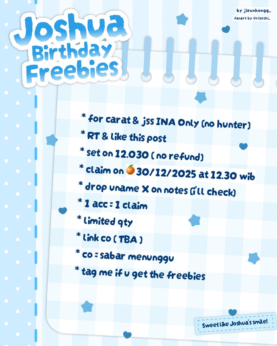 ⋆˚𐙚  𝑱𝒐𝒔𝒉𝒖𝒂 𝑩𝒊𝒓𝒕𝒉𝒅𝒂𝒚 𝑶𝒏𝒍𝒊𝒏𝒆 𝑭𝒓𝒆𝒆𝒃𝒊𝒆𝒔 𝒃𝒚 <a href="/jieunhongg_/">𝑏𝑦𝑦𝑦𝑦⋆.˚ ᡣ𐭩 .𖥔˚ freebies joshua📌</a> ⋆𐙚 ̊ 

• for carat &amp; jsss INA Only (no hunter)
• rt &amp; like this post
• claim on 🍊 30/12 at 12.30 wib
• 1 acc = 1 claim 
• drop uname on notes
• link co (tba)

detile on pict!