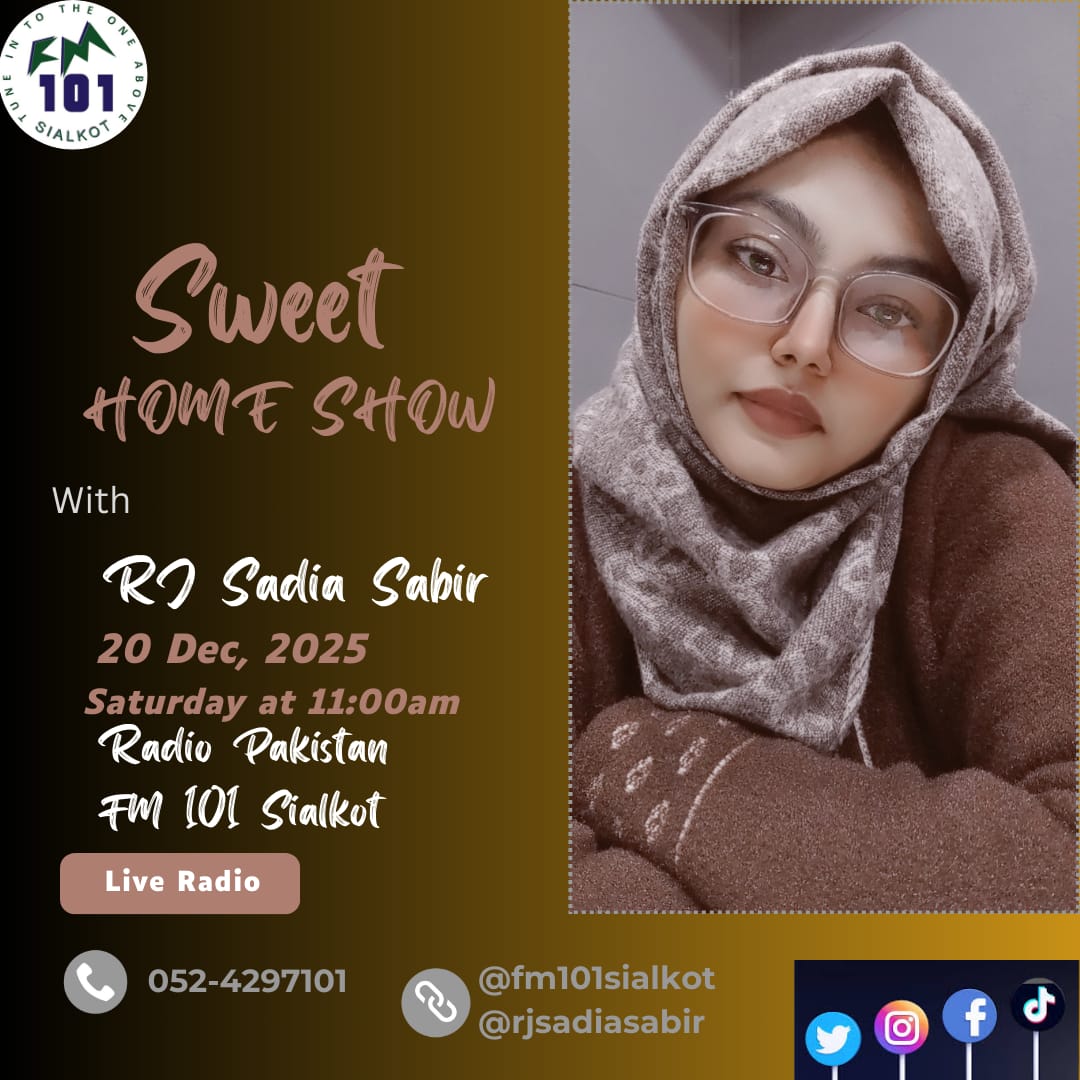 FM101Sialkot's tweet photo. ποΈ #RJ #SadiaSabir LIVE on #SweetHomeShow!
ποΈ 20 Dec 2025 | β° 11 AM
π Call: 052-4297101
π² SMS: 101S <> 4471
#StayTuned to #FM101Sialkot, Radio Pakistan π΅π°
#rjsadiasabir #radio #SaturdayVibes #Trending #RadioPakistan https://t.co/zU7z81ujsd