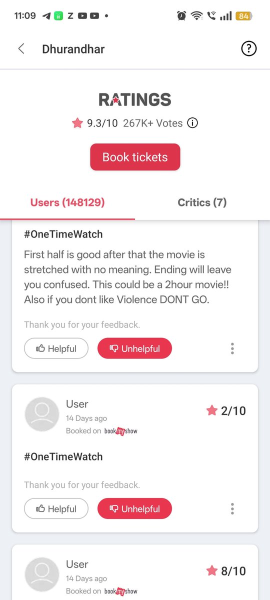 Reviewbhai99's tweet photo. I see a pattern against dhurandhar I checked out BookMyShow reviews of the same name user the same days ago posted more than 10 reviews of one star and recorded it this is a corporate negative #dhurandhar @AdityaDharFilms @bookmyshow https://t.co/sClBOJ1EQE