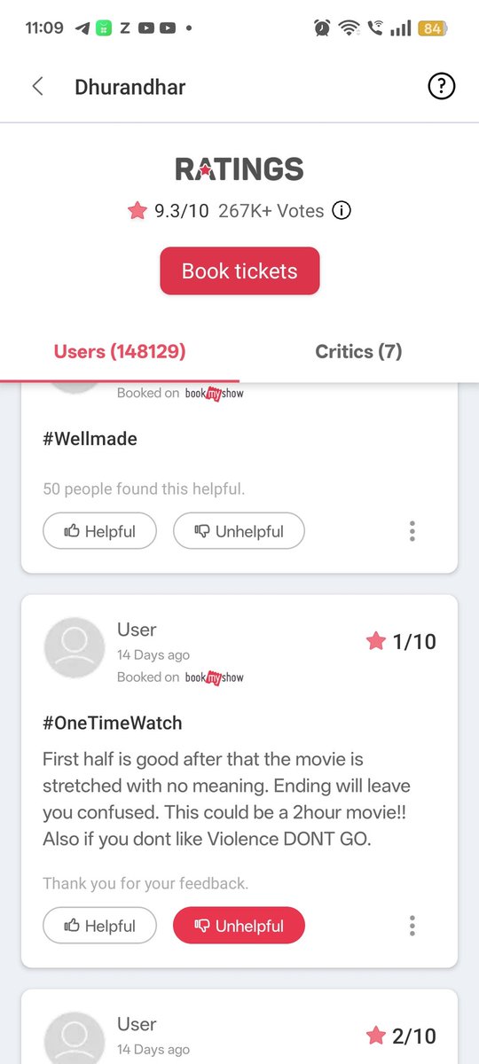 Reviewbhai99's tweet photo. I see a pattern against dhurandhar I checked out BookMyShow reviews of the same name user the same days ago posted more than 10 reviews of one star and recorded it this is a corporate negative #dhurandhar @AdityaDharFilms @bookmyshow https://t.co/sClBOJ1EQE