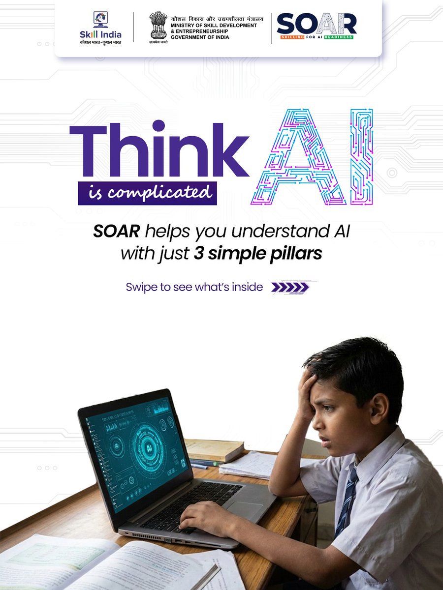 MSDESkillIndia's tweet image. India is advancing towards an AI-enabled future, and empowering young learners is central to this journey. Launched by the Ministry of Skill Development and Entrepreneurship, SOAR (Skilling for AI Readiness) is India’s first school-level initiative designed to equip students with…