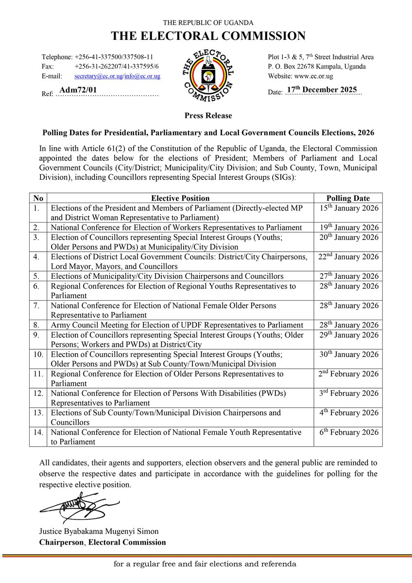 UgandaEC's tweet photo. Polling Dates for Presidential, Parliamentary and Local Government Councils Elections, 2026.  

https://t.co/I6RpLaBEXQ 

#UgandaDecides2026 #MyVoteMyVoice https://t.co/kJdS8ZQtuV