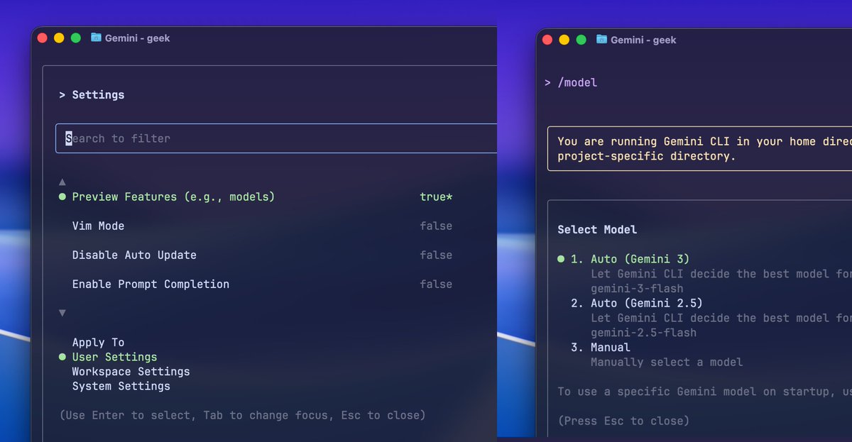 Gemini CLI now supports Gemini 3 for free users.
Set Preview Features to true in /settings
Select Auto (Gemini 3) in /