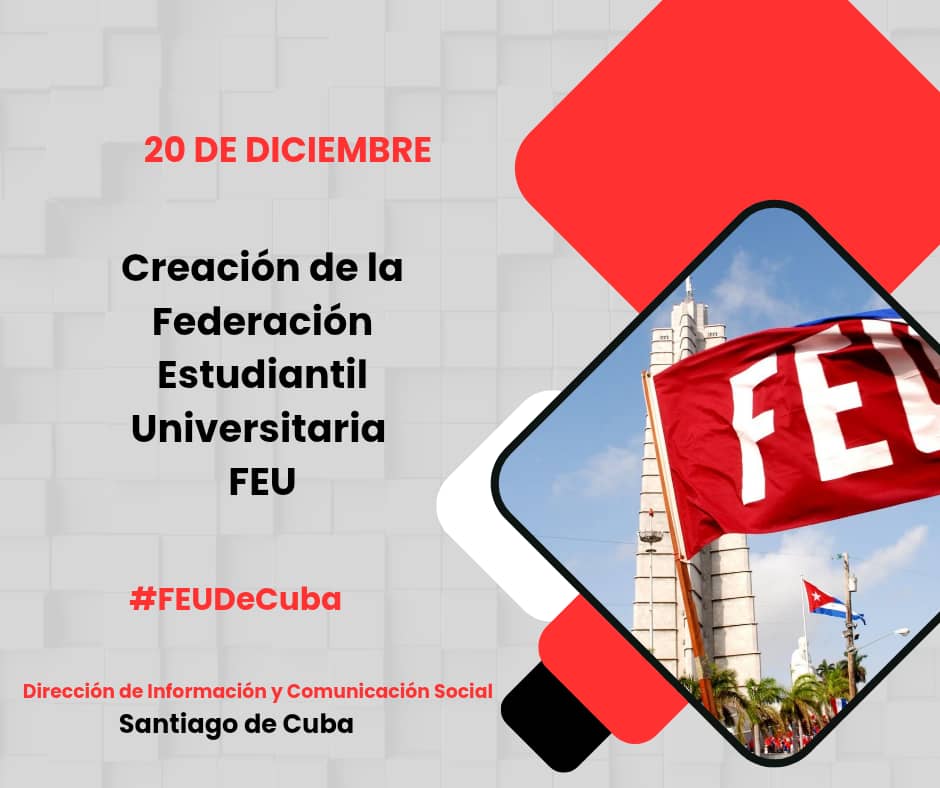 #Hoy| Celebramos el 1️⃣0️⃣3️⃣ Aniversario de la <a href="/FeuCuba/">FEU de Cuba</a> 🥳
Nuestra felicitación para todos los jóvenes universitarios de #Cuba. Que el ímpetu y el amor por la Patria siga siendo rasgo característico generación tras generación ❤️🇨🇺
.
.
.
#SantiagoDeCuba
#DICS
