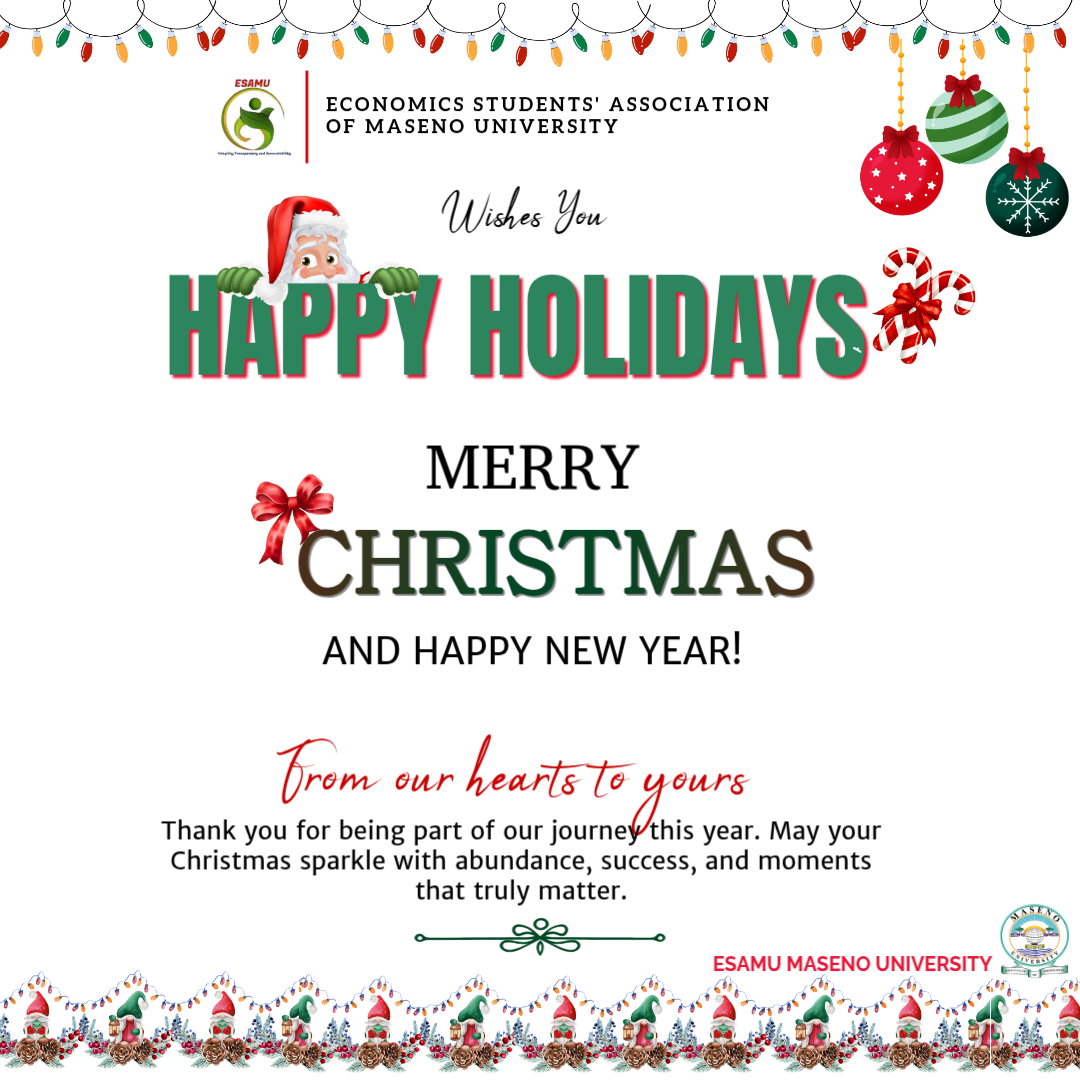 esamu_maseno's tweet photo. Seasonβs greetings from ESAMU.
Thank you for the commitment and impact that defined our year. Wishing you a Merry Christmas and a prosperous New Year ahead.
#ESAMU #HappyHolidays #MerryChristmas #HappyNewYear #MasenoUniversity https://t.co/5xQIMtUmxh