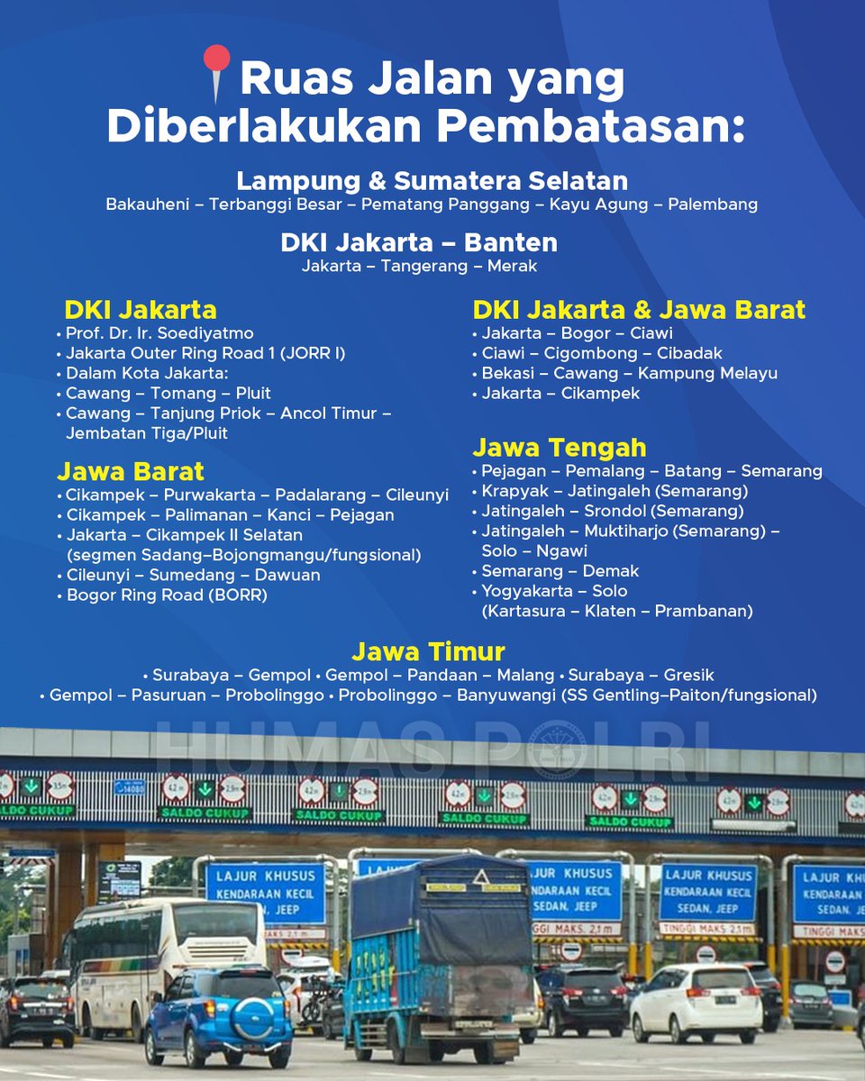 Berikut ini adalah jadwal pemberlakuan pembatasan operasional angkutan barang dalam Operasi Lilin 2025 untuk menjaga kelancaran dan keselamatan arus lalu lintas Natal 2025 dan Tahun Baru 2026. 

Polri Mengadakan Operasi Lilin 2025 #PersiapanNatalTahunBaru 2026