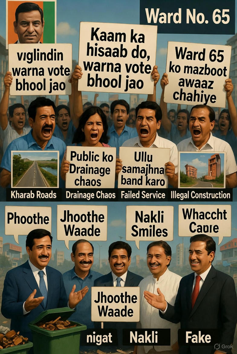weworkngo's tweet photo. Ward 65 voters—wake up!
5 years = what work.
Election time = fake promises & drama.
Vote ke baad? Babaji ka thullu.
Roads, drainage, health, safety—sab neglected.
Is baar chehra ya party nahi, KAAM ka hisaab maango.
#Ward65 #VoteWisely #NoMoreLollipop https://t.co/IEwUZRcTqb