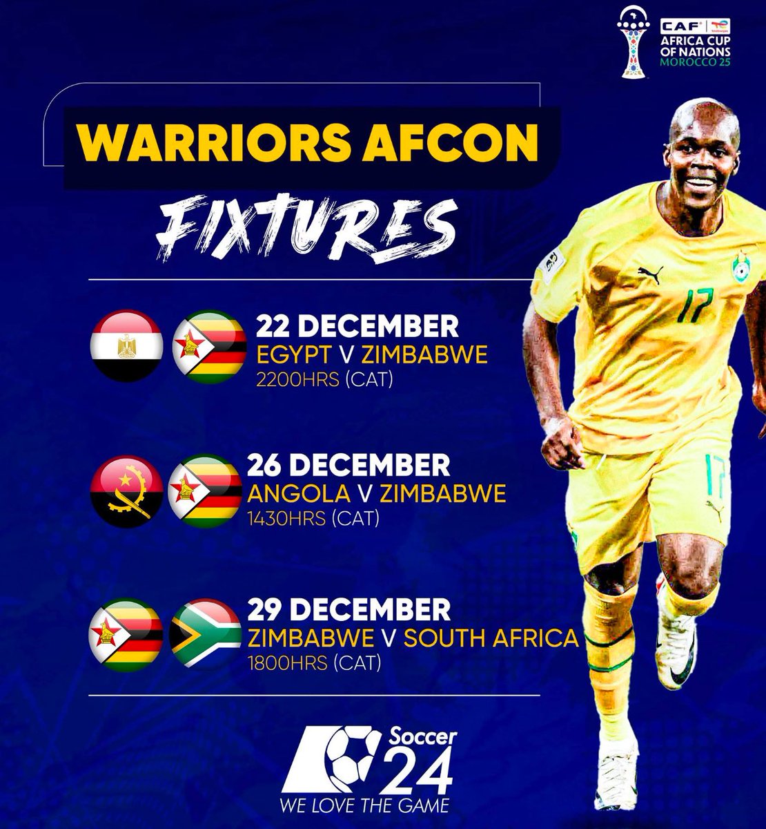 advocatemahere's tweet image. 🔸Our first game is this Monday, 22 December, at 10pm. We will be playing against Egypt, including @MoSalah. Basa ratotanga. Munhu wese in one voice kusimbisa maWarriors! #GoWarriorsGo #TeamZimbabwe🇿🇼