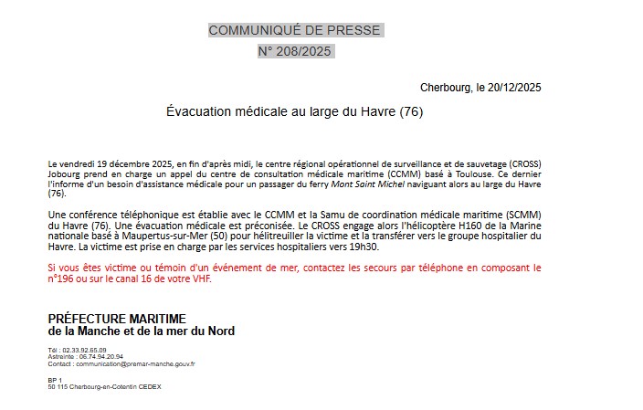 Image de Préfecture maritime Manche et mer du Nord - 🛟 Évacuation médicale  au large du Havre (76).   Coordination par CROSS Jobourg