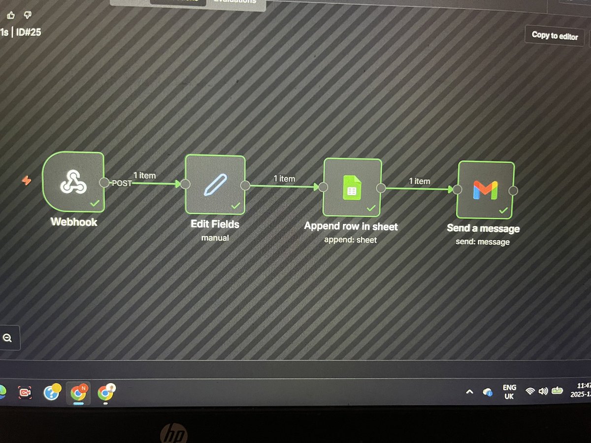 Recently started my AI automation journey with <a href="/AutomationKing0/">Jokotoye Emmanuel</a> 

I created my first automation using n8n, which is a simple workflow that collects data from a form, appends it to a google sheet and sends a thank you email message.

Excited for the journey ahead 🚀