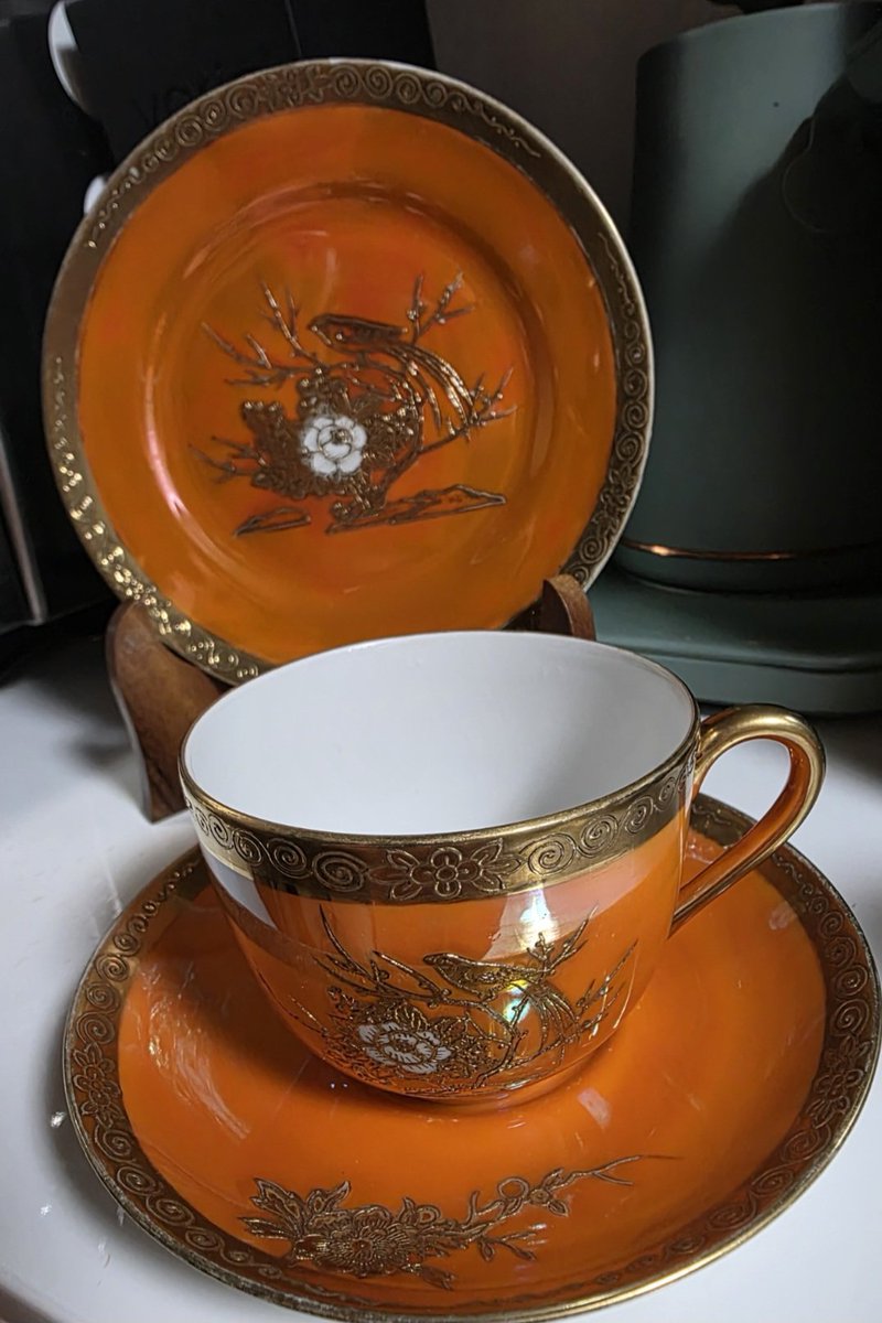 オールドノリタケ 金盛花鳥文オレンジラスター カップ&ソーサー トリオ