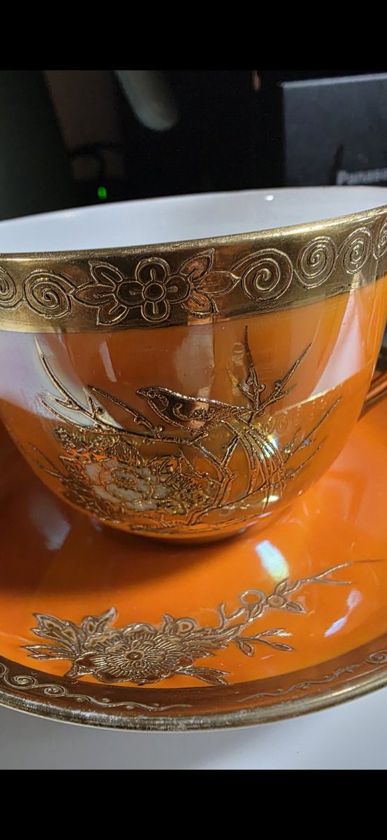 オールドノリタケ 金盛花鳥文オレンジラスター カップ&ソーサー トリオ