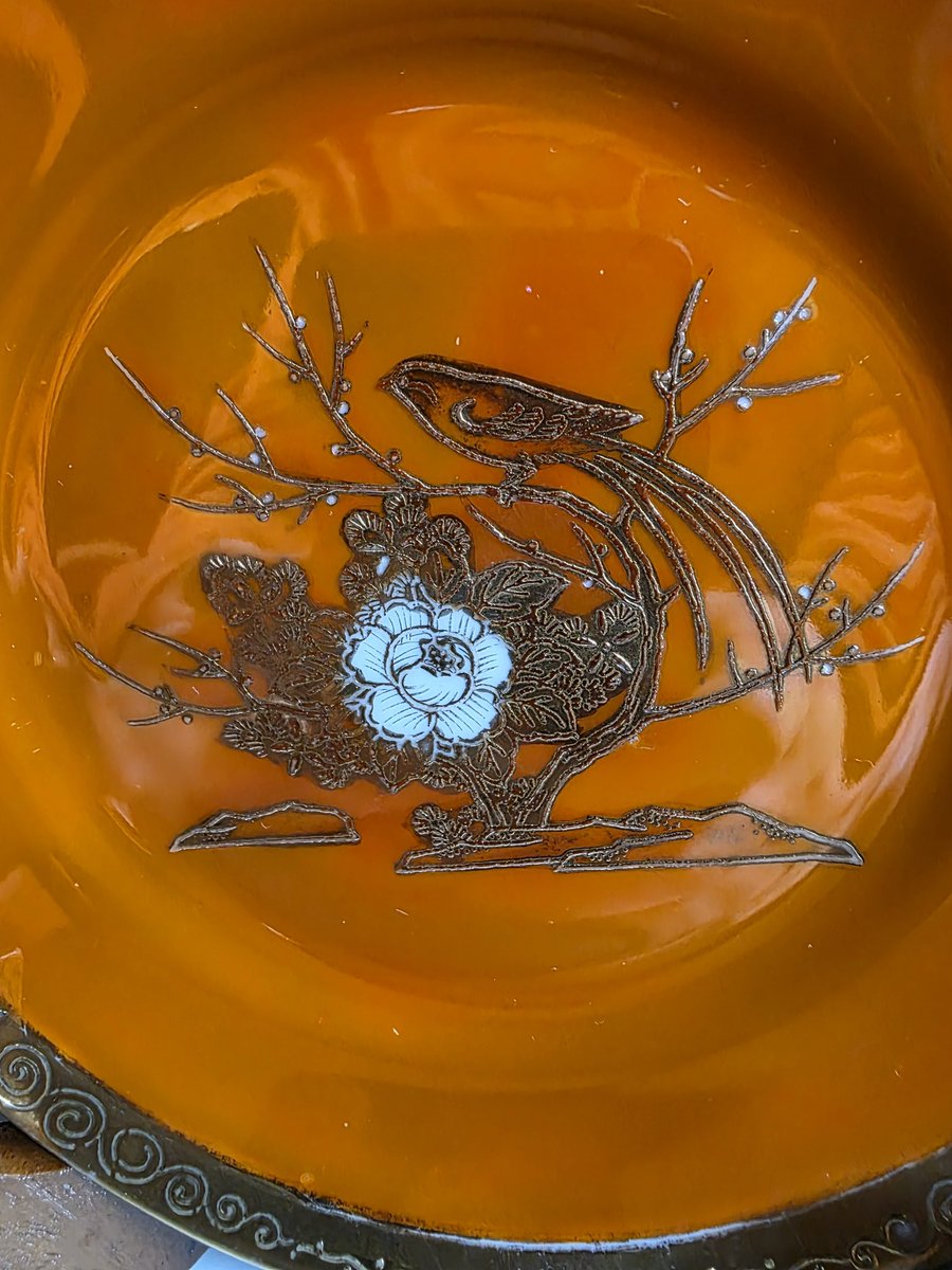 オールドノリタケ 金盛花鳥文オレンジラスター カップ&ソーサー トリオ