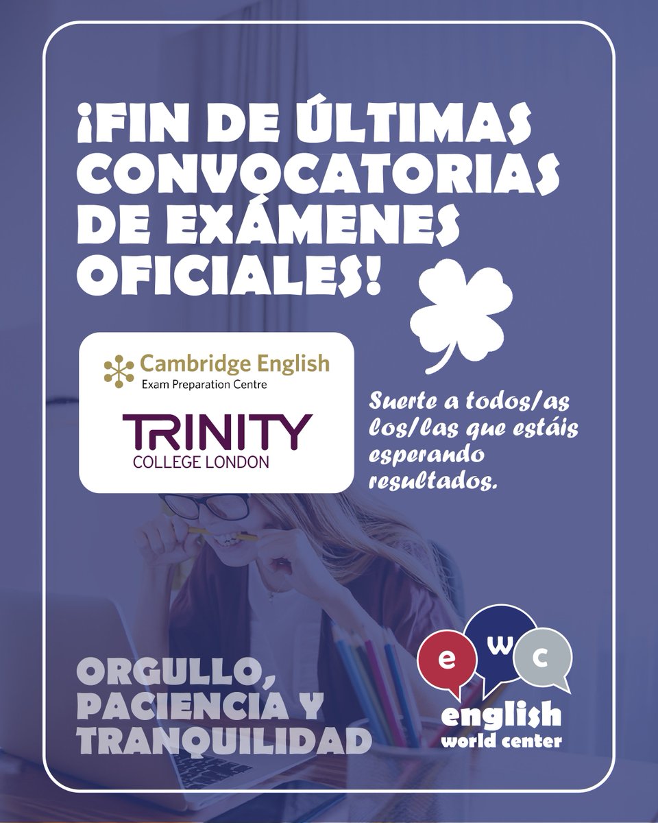 📚✨ Finalizan las últimas convocatorias de exámenes oficiales Cambridge y Trinity.

🍀 Mucha suerte a quienes esperáis resultados.
💙 Tocan días de orgullo, paciencia y confianza en todo lo que habéis trabajado.

#EWC #ExámenesOficiales #Cambridge #Trinity