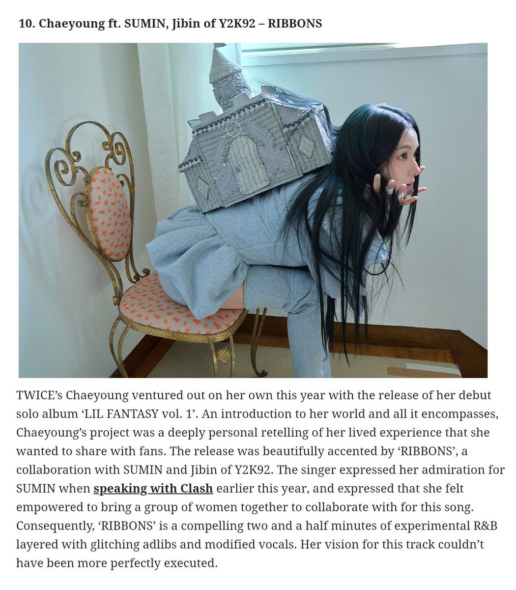 godmitzu's tweet photo. CHAEYOUNG's 'RIBBONS' ft. SUMIN, Jibin of Y2K92 was named one of the biggest K-pop statements of 2025 by Clash Magazine. https://t.co/RKi1qxkjtC