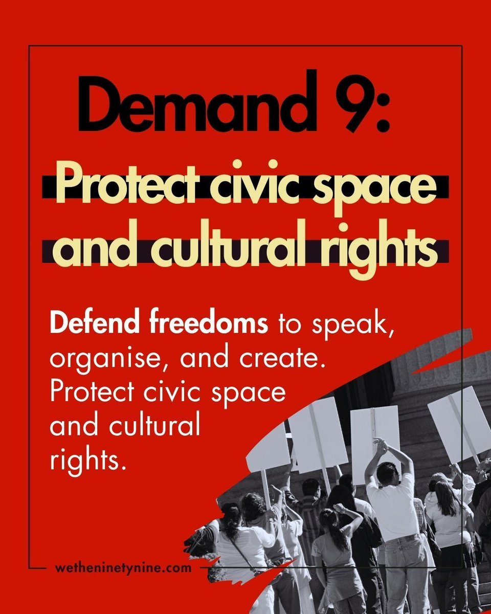 Freedom to speak, organise and create is under attack. ​ We demand the protection of civic space and cultural rights for all. ​ 🗣️✊  

Read the full Johannesburg We The 99 declaration: wetheninetynine.com/declaration/ 

#CivicSpace #WeThe99