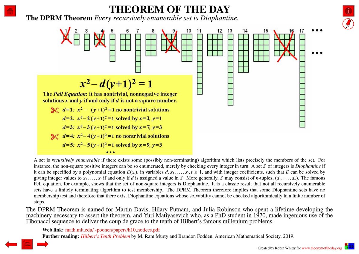 paysmaths's tweet image. Theorem of the Day (December 20, 2025) : The DPRM Theorem
Source : Theorem of the Day / Robin Whitty
pdf : theoremoftheday.org/LogicAndComput…
notes : theoremoftheday.org/Resources/Theo… 

#mathematics #maths #math #theorem
