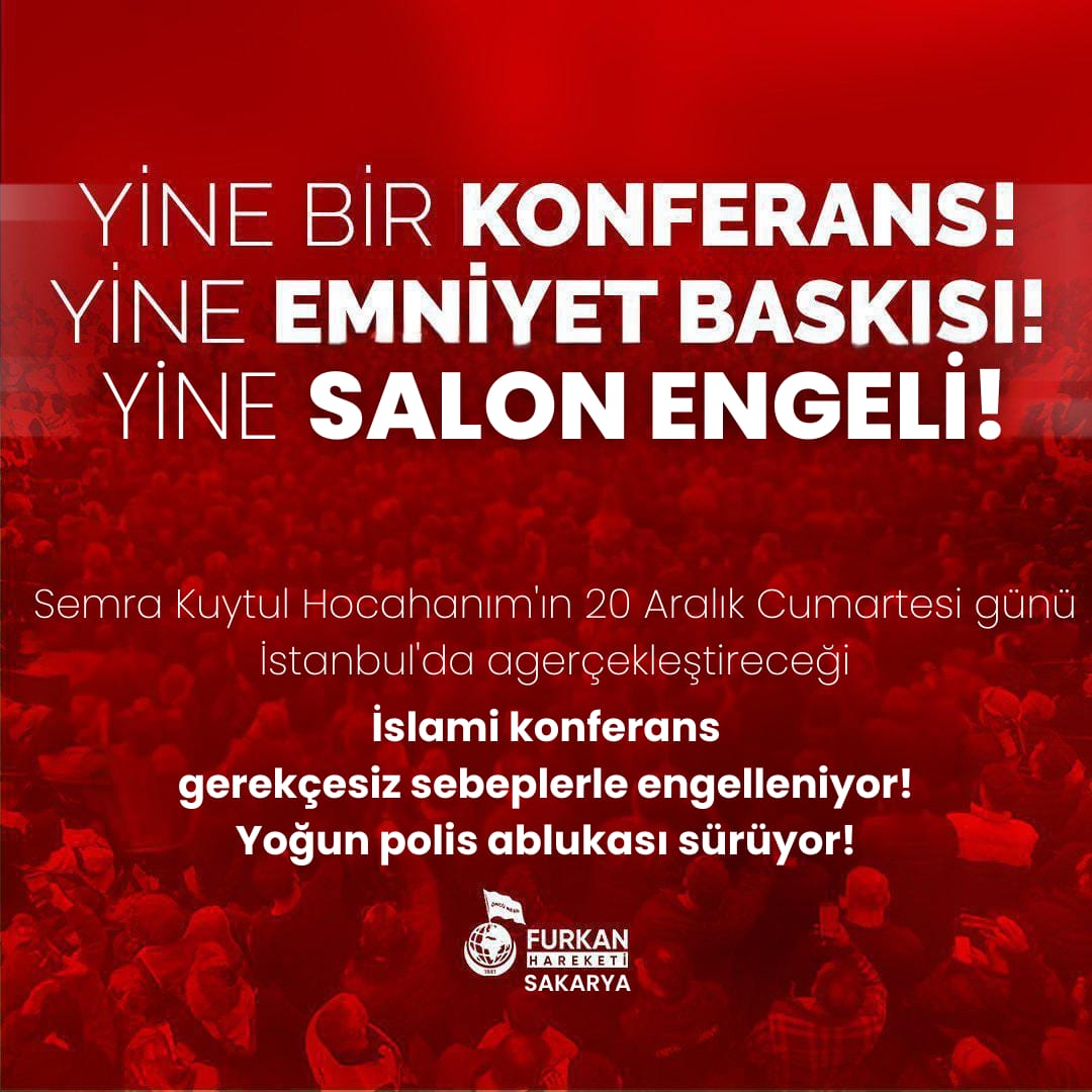 Semra Kuytul Hocahanım'ın bugün İstanbul'da gerçekleştireceği bayan konferansı engelleniyor! 

Yoğun polis ablukası sürüyor! 

SalonSahiplerine AçıkTehdit
#ÜmraniyeBelediyesi
#ÜmraniyeEmniyeti