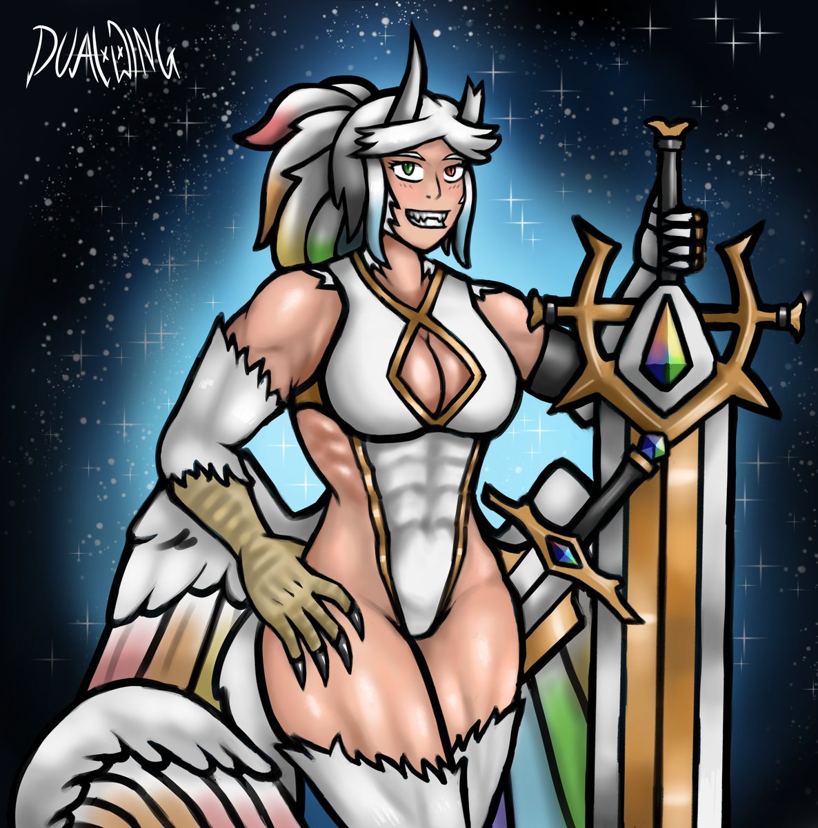 Max_DualWing's tweet photo. Sophia, the Rainbow Harpy. One of my OC for my own fantasy setting, a lover of big swords.  
#oc #musclegirl #monstergirls #originalcharacter #digitalart https://t.co/6vsm2OPgPd