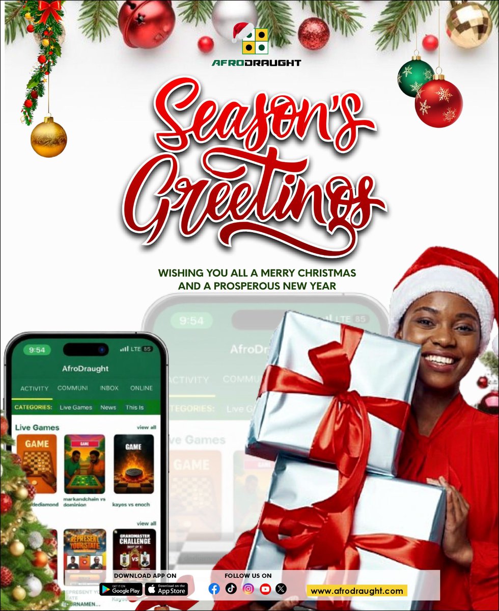 AfroDraught's tweet image. As the season gets overwhelming, remember to pause and play a game. 

Season's Greetings from AfroDraught🎊 - Play Draught anytime, anywhere.
 afrodraught.com

#afrodraught #draught #africangame #trends #Africa #onlinegame #multiplayer #Christmas2025 #Entertainment