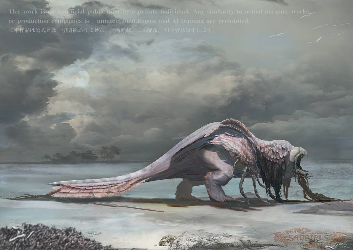 【ヒズカバネ】
海岸地帯に生息する魚竜。
漂着物の山の下に身を隠し、体長の半分以上を占める長大な『ヒゲ』を伸ばして獲物を待ち伏せる。
戦闘時には腐敗ガスが染み出すヒゲを振り回して応戦する。
 #MH自作モンスター  #亜大陸竜跡博物誌  #イラスト