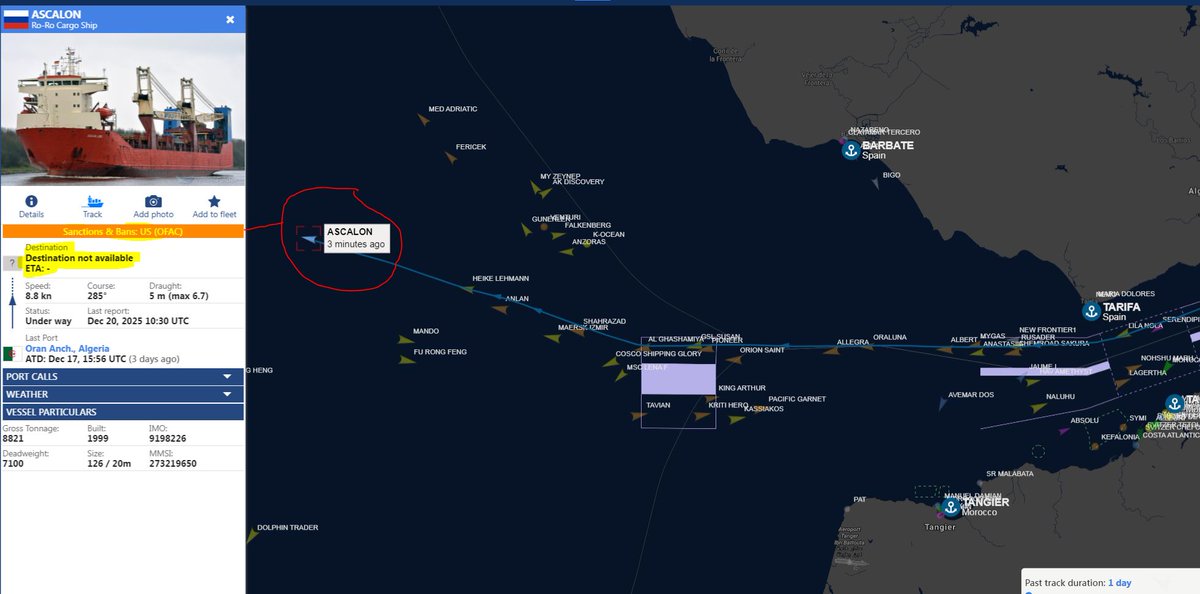 Springbok1973's tweet image. ¿MONITORIZÓ ESPAÑA EL TRÁNSITO DEL "MERCANTE DE GUERRA" RUSO ASCALON🇷🇺 ESTA MADRUGADA?

El #ASCALON es un miembro activo del denominado #KalashnikovLines. Una flotilla de mercantes #Sealift rusos que alteran crew civil y militar para operaciones de transporte logístico entre