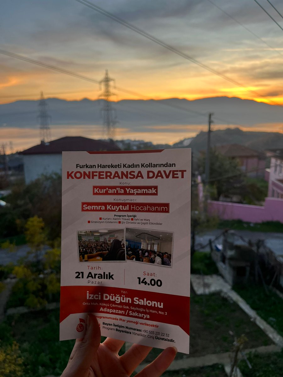 ⏳ Semra Kuytul Hocahanım'ın şehrimizde gerçekleştireceği konferans YARIN! 

Tüm bayan kardeşlerimiz davetlidir.. 

SalonSahiplerine AçıkTehdit
#ÜmraniyeBelediyesi
#ÜmraniyeEmniyeti 
#Sakarya 
#FurkanKonferansları