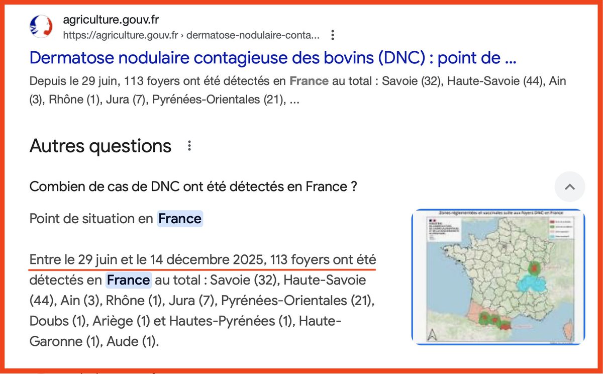 Sur 16 400 000 de vaches en France
Savez-vous combien ont été déclarées officiellement contaminées à la DNC ?
500 000 ?
50 000 ?
NON ! Seulement 113 vaches ont été déclarées infectées DNC dans toute la France !
113 !
C'est le chiffre officiel du Ministère de l'Agriculture !