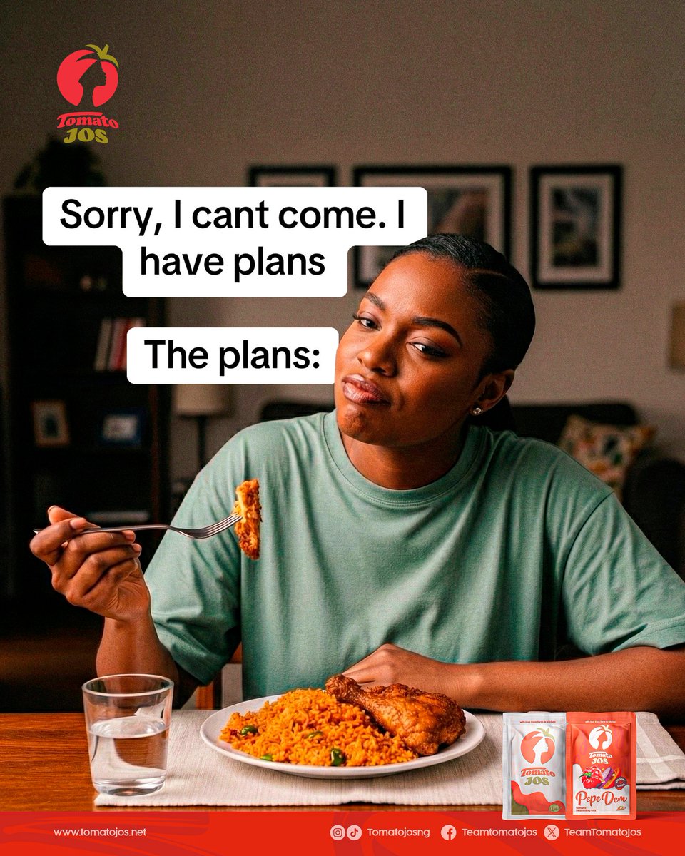 ‌Some plans you just can’t skip.
 
Like jollof, chicken, and all the Tomato Jos goodness on your plate. 

#TomatoJos
#PepeDem
#FarmToTable