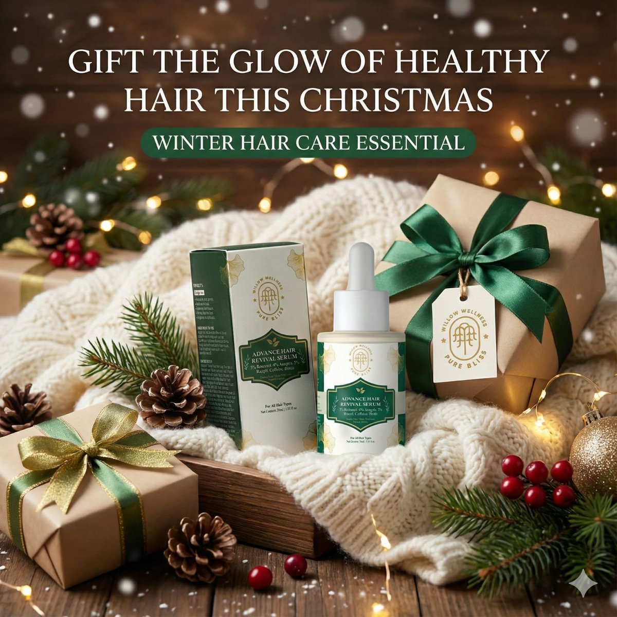 🎄 This Christmas, don’t just decorate your tree — revive your roots! 🌿✨
Give the gift of stronger, fuller hair with Willow Wellness Advanced Hair Revival Serum 💚
Powered with Redensyl, Anagain, Baicapil, Caffeine &amp; Biotin for real results 🎁 Willow Wellness.
 #Christmas2025