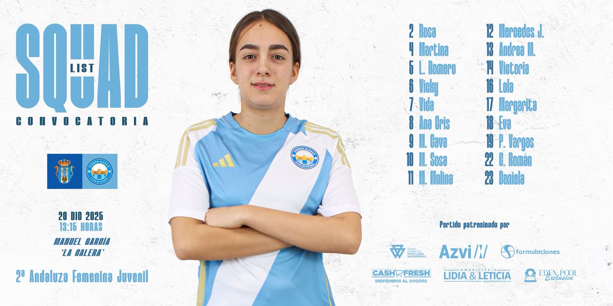 📝 En una hora cierra el año el Azvi #CiudadAlcaláCF Juvenil, que se presenta en El Viso del Alcor con esta convocatoria.

#AlcaládeGuadaíra #FutFem 🩵🤍🩵