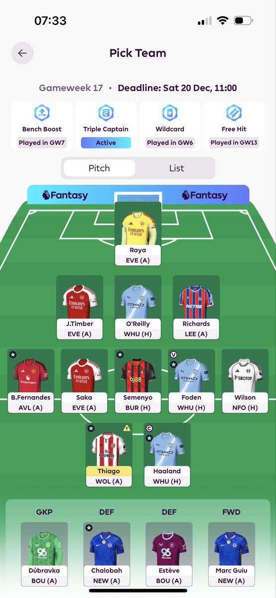🔐 GW17 team 

Amed ➡️ Wilson, 3 FTs banked

🧢🧢🧢 TRIPLE CAPTAIN

🌎 700k OR

Good luck everyone! #FPL #FPLCommunity