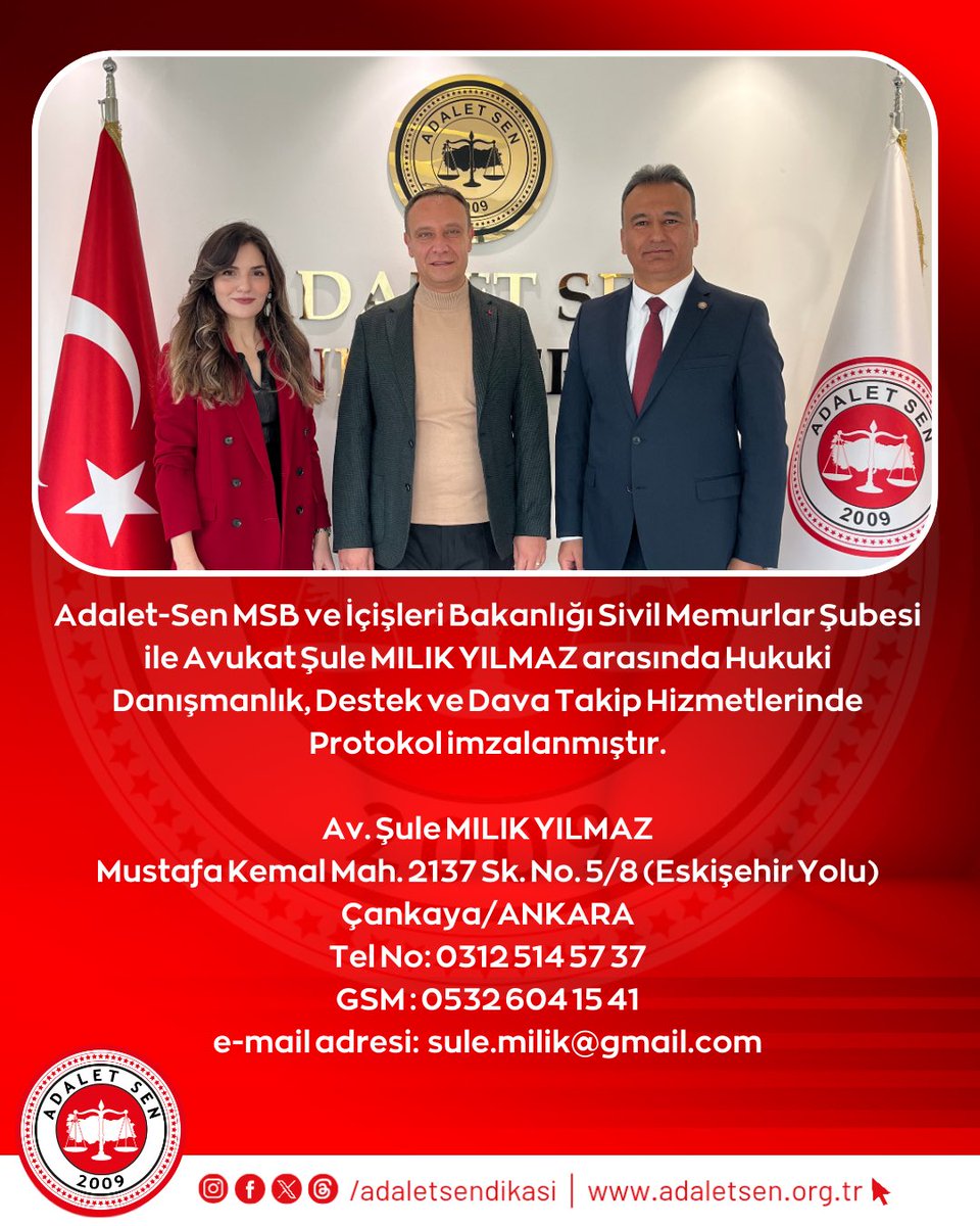 Adalet-Sen MSB ve İçişleri Bakanlığı Sivil Memurlar Şubesi ile Avukat Şule MILIK YILMAZ arasında Hukuki Danışmanlık, Destek ve Dava Takip Hizmetlerinde Protokol imzalanmıştır.

Av. Şule MILIK YILMAZ
Mustafa Kemal Mah. 2137 Sk. No. 5/8 (Eskişehir Yolu) Çankaya/ANKARA
Tel No: 0312