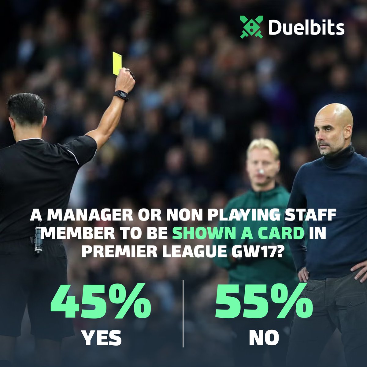 ANY Staff Member to be shown a card?! 🟨🟥

Market chance: 45% YES 
Predict now 👉 duel.bz/StaffCard

#EPL #FPL