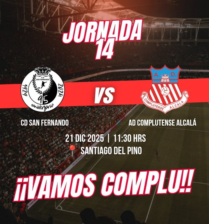 ¡¡Ultimo baile de 2025!! 🫡

¡¡Los de <a href="/Andy_Al_Pe/">Andy Alvarez Perez</a> visitan San Fernando con las miras puestas en poder cerrar el año con victoria!! 💪🏼

🆚 <a href="/CD_San_Fernando/">𝗖.𝗗. 𝗦𝗮𝗻 𝗙𝗲𝗿𝗻𝗮𝗻𝗱𝗼</a>
⏰ 11:30h
📍 Santiago del Pino

¡¡Juntos somos imparables!! 🫶🏼

#EsaMaravillosaMinoría 🤫
#VamosComplu
🤍❤️