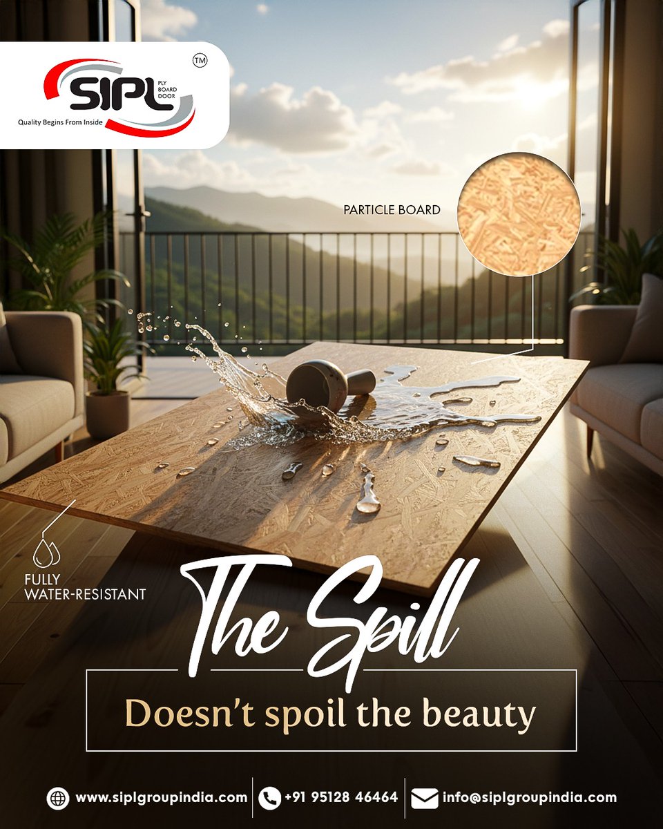 siplgroupindia1's tweet image. Spills won’t damage SIPL particle boards. They resist water, keep strength, and stay good-looking for daily furniture use. 
- - - - -
🌐: siplgroupindia.com
📞: +91 95128 46464
📩: info@siplgroupindia.com

#SIPL #ParticleBoard #WaterResistant #Furniture #Interior
