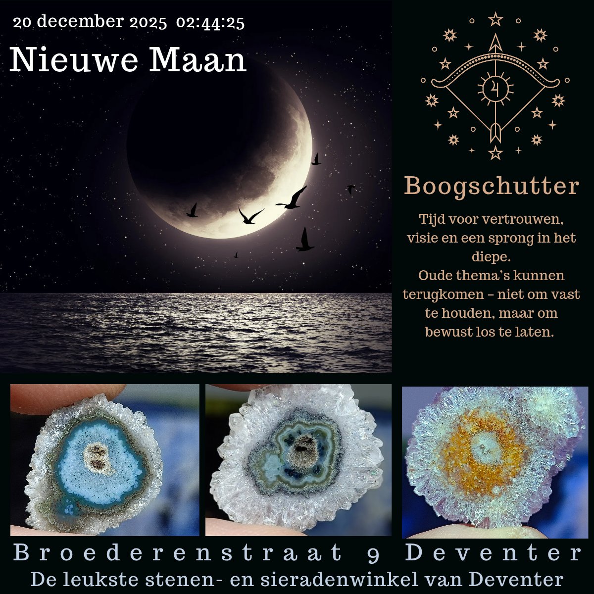 ToennuDeventer's tweet photo. Nieuwe maan in Boogschutter (20 dec 2025)
Tijd voor vertrouwen, visie en een sprong in het diepe.
Oude thema’s kunnen terugkomen  niet om vast te houden, maar om bewust los te laten. ✨
#nieuwemaan #boogschutter #maan #Deventer #zaterdag #kerst #sieraden https://t.co/kJbdoLlv7X
