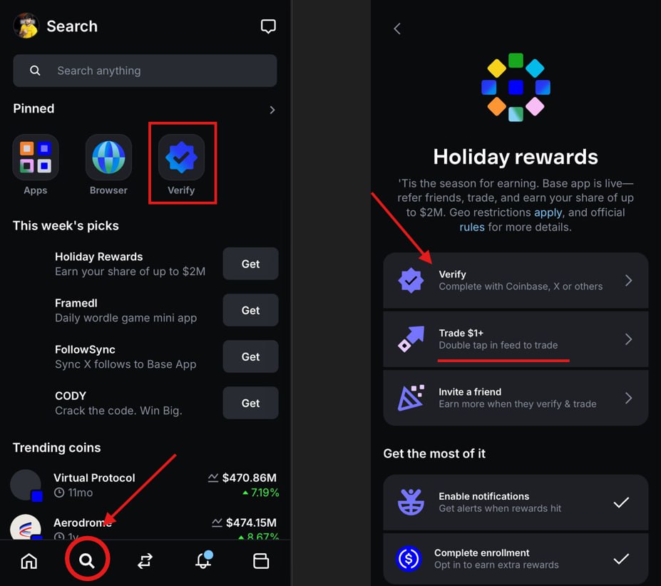 SatoshiGuild's tweet photo. 📣 Base App update – ending tomorrow

Complete these to stay eligible for the $2M rewards 👇

✅ Verify account (social/Coinbase)
✅ Trade $1+
✅ Hold $5+ balance
✅ Invite friends

🔗
https://t.co/c7VyZ3yHG7

Rewards notified within 7 days. https://t.co/mWpG6HgFyA