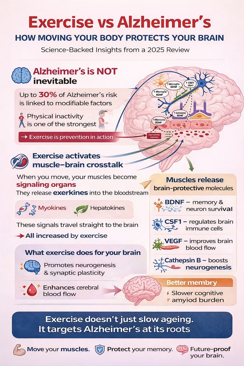 GntknB's tweet photo. Egzersiz ve Alzheimer: Vücudunu Hareket Ettirmek Beynini Nasıl Korur ?

1. Alzheimer kaçınılmaz değildir
Alzheimer riskinin %30’una kadarı, fiziksel hareketsizlik de dâhil olmak üzere değiştirilebilir faktörlerle ilişkilidir. Egzersiz, en güçlü koruyucu araçlardan biridir.
2. Egzersiz, Alzheimer ile ilişkili beyin yaşlanmasını yavaşlatır
Düzenli fiziksel aktivite hipokampus hacmini korur, hafızayı destekler ve bilişsel gerilemeyi geciktirir. Bunların tümü Alzheimer’da erken dönemde etkilenen belirteçlerdir.
3. Kaslar, Alzheimer karşıtı sinyaller salgılar
Egzersiz, BDNF, CSF1, VEGF ve katepsin B gibi miyokinler aracılığıyla kas–beyin etkileşimini tetikler. Bu sinyaller nörogenezi, sinaptik sağlığı ve beyin kan akışını destekler.
4. BDNF, hafıza devrelerini korur
Egzersizin artırdığı BDNF, hipokampusun boyutunu ve hafıza performansını yükseltir; Alzheimer’da görülen hipokampal küçülmeye karşı koyar.
5. Egzersiz nöroinflamasyonu azaltır
Kronik beyin iltihabı Alzheimer patolojisini hızlandırır. Egzersiz, mikroglia aktivitesini düzenler ve yaşlanan beyinde inflamatuvar sinyalleşmeyi azaltır.
6. Daha iyi miyelin, daha iyi biliş
Alzheimer, erken dönemde beyaz madde hasarıyla ilişkilidir. Egzersiz miyelinizasyonu destekleyerek sinirsel iletişimi ve bilişsel dayanıklılığı artırır.
7. Daha güçlü kan–beyin bariyeri = daha az amiloid birikimi
Egzersiz, kan–beyin bariyerinin bütünlüğünü iyileştirir ve Alzheimer’ın ayırt edici özelliği olan amiloid-beta’nın temizlenmesini artırır.
8. ApoE4 riski kader değildir
Egzersiz, ApoE işlevini stabilize eder, beyin hücrelerinde kolesterol dengesini destekler ve genetik olarak risk altındaki bireylerde bile Alzheimer’la ilişkili hasarı azaltabilir.
Egzersiz yalnızca yaşlanmayı yavaşlatmaz; Alzheimer’ın temel mekanizmalarını hedef alır.

Kaslarını hareket ettir. Hafızanı koru. Beynini geleceğe hazırla.