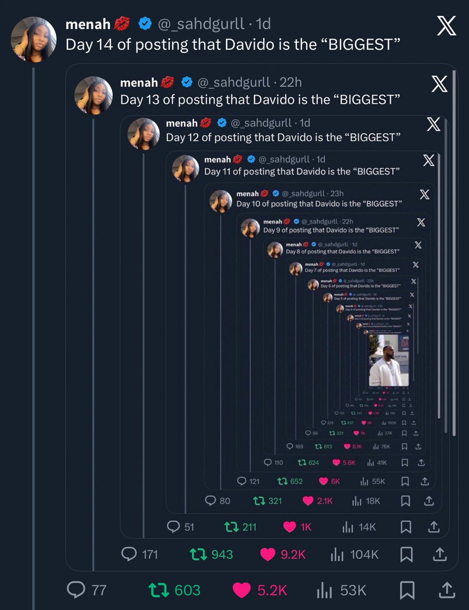 dfwmenah's tweet photo. Day 15 of posting that Davido is the “BIGGEST” https://t.co/k5brUCpTq6
