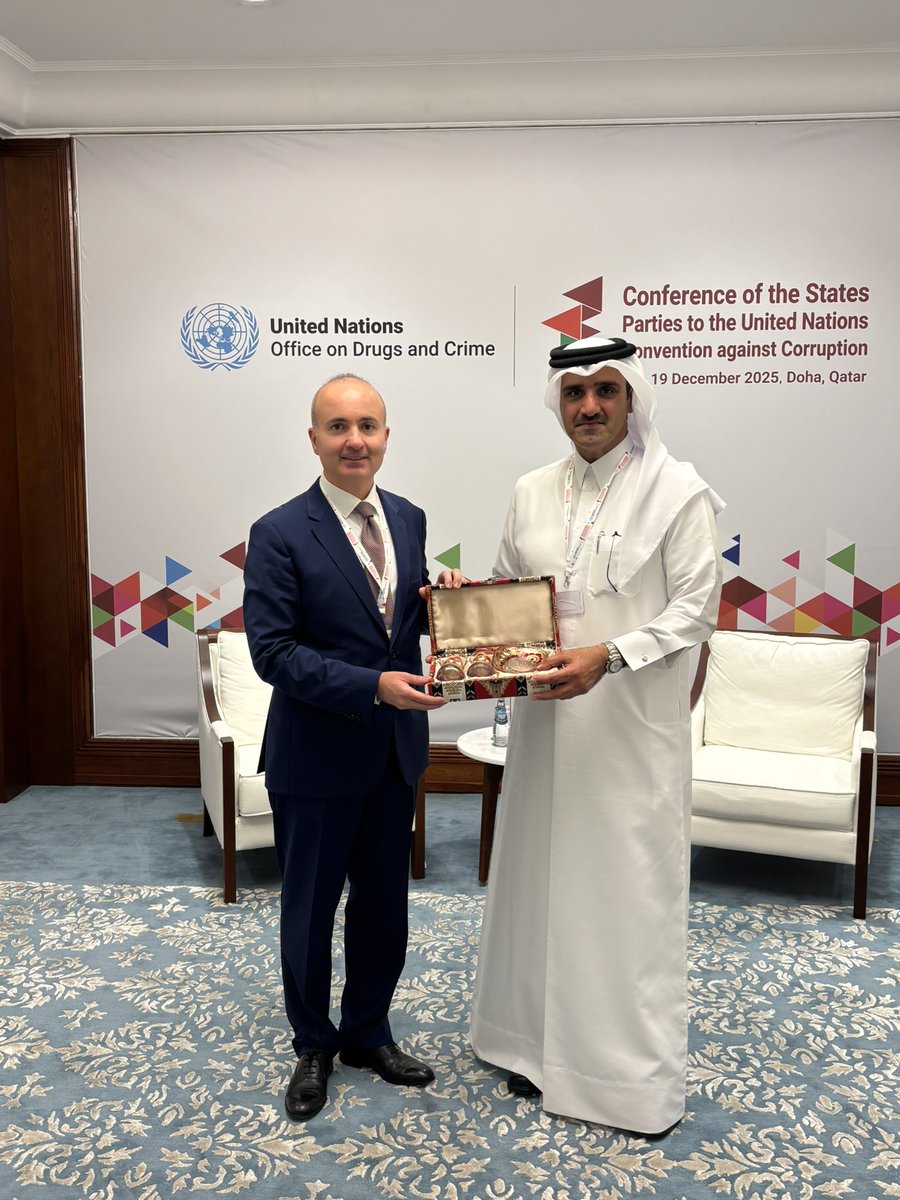 Sadigbayli's tweet image. I congratulated H. E. Mr. Hamad bin Nasser bin Rashid Al-Misnad, President of the Administrative Control and Transparency Authority of the State of Qatar and the President of 11th Session of the Conference of the States Parties to the United Nations Convention against Corruption…