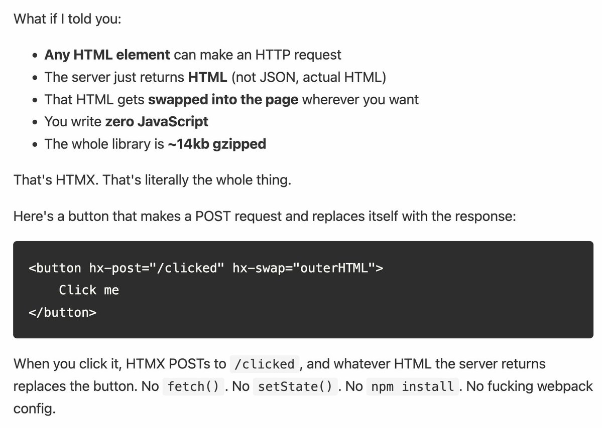 En fait, je commence à apprécier un peu HTMLX maintenant :
https://t.co/X8JJ7gOWlz
Aucun JavaScript ni outil de compi