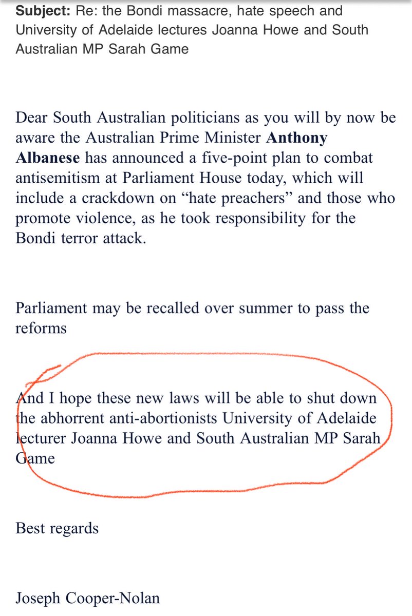 ProfJoannaHowe's tweet photo. We all know Albanese's hate speech laws WON'T be enforced against Muslims but WILL be used to shut down us. Check out this leftist's email to state and federal politicians gleefully anticipating  how these laws will be used to shut down yours truly and @MLCGame https://t.co/5YIsgPzuQ6