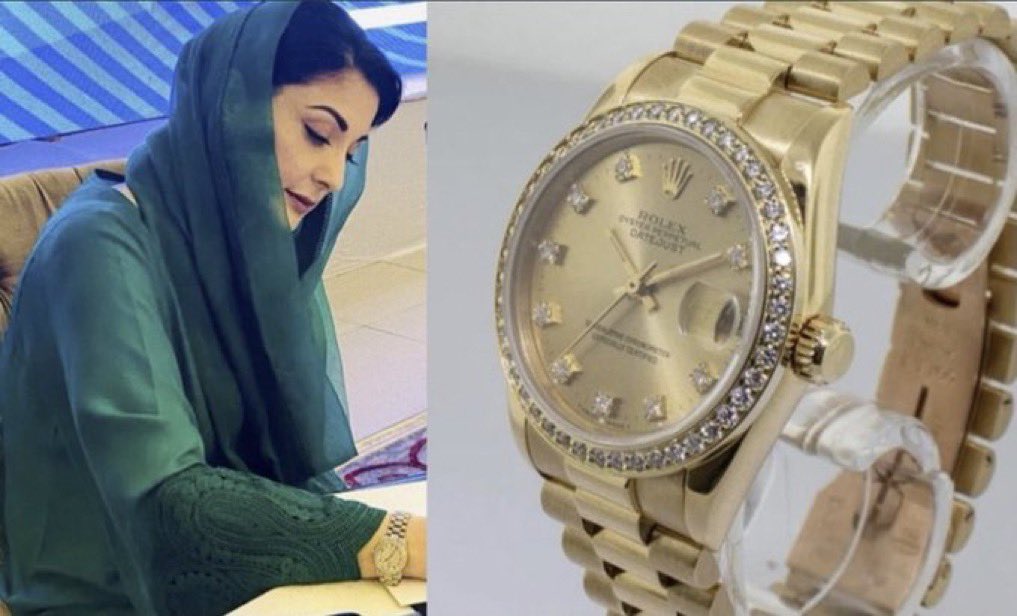 مریم نواز کی توشہ خانہ سے چرائی گئی گھڑی
جس کی مالیت 10 لاکھ روپے تھی اور محض 45 ہزار میں اڑا لی گئی۔

اس سے بھی ذیادہ حیران کن بات یہ ہے کہ مریم نواز نے کسی بھی سرکاری عہدے کے بغیر توشہ خانہ سے یہ گھڑی حاصل کی ۔

مریم نواز کو 17 سال کی سزا کب سنائی جائے گی ؟؟