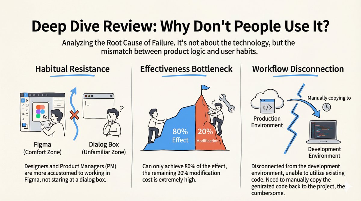 它失败的原因
1. 习惯阻力:设计师和项目经理习惯使用 Figma,而不是聊天窗口。从舒适区过渡到对话式界面是一个巨大的阻力点。大多数人甚至不知道该输入什么。
2. 80/20 瓶颈:代理程序完美地完成了 80% 的工作。但剩下的 2